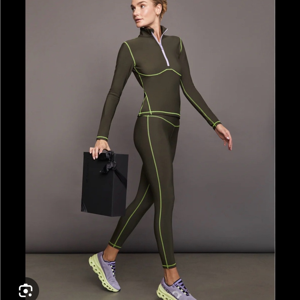 Carbon38 Olive Active Half-Zip Top with Lime Accents & Matching Leggings